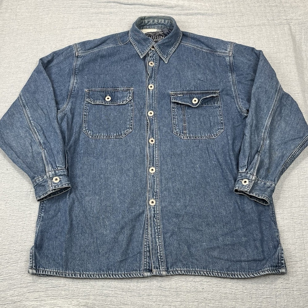 Vintage Coliseum Jean Jacket Men Sz L Blue Thick Fleece Denim Button‎ Up Outdoor
